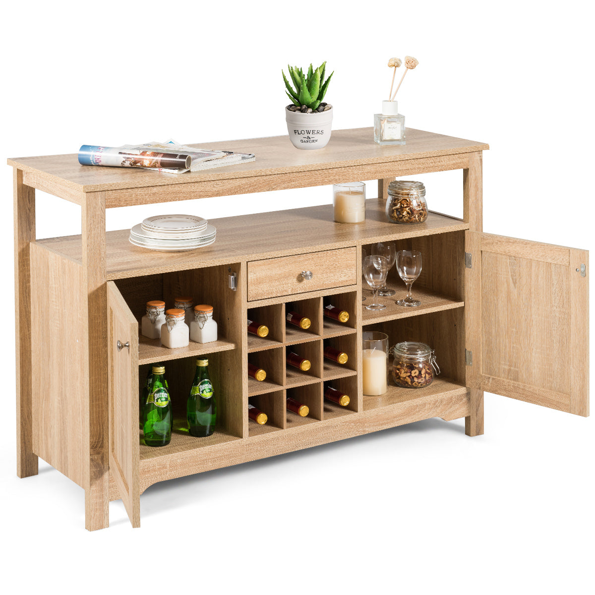 Rustic Cupboard Storage Organizer with 2 Cabinets and 1 Drawer &amp; 9-Bottle Wine Rack-Grey
