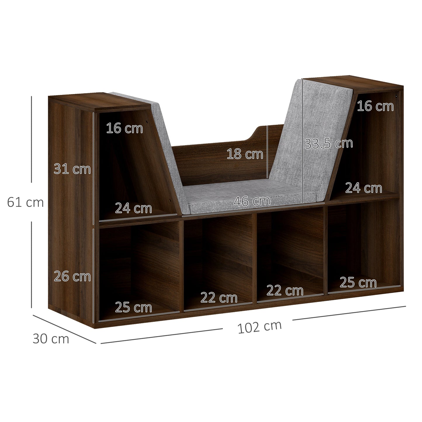 HOMCOM Cube Bookshelf Organizer with Reading Seat, Six Cubes, Chestnut