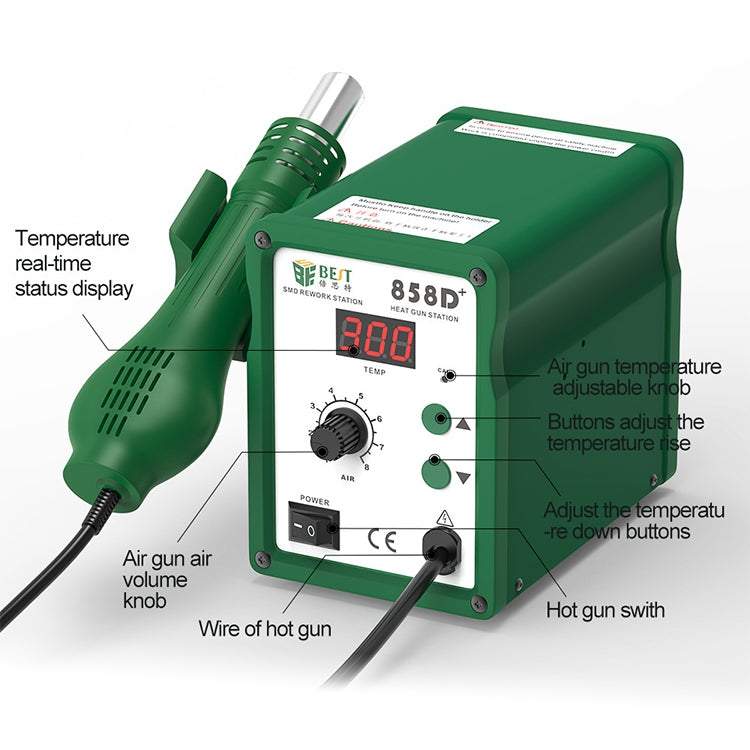 BEST BST-858D+ AC 220V 50Hz 650W LED Displayer Adjustable Temperature Unleaded Hot Air Gun with Helical Wind, BST-858D+ US Plug, BST-858D+  EU Plug