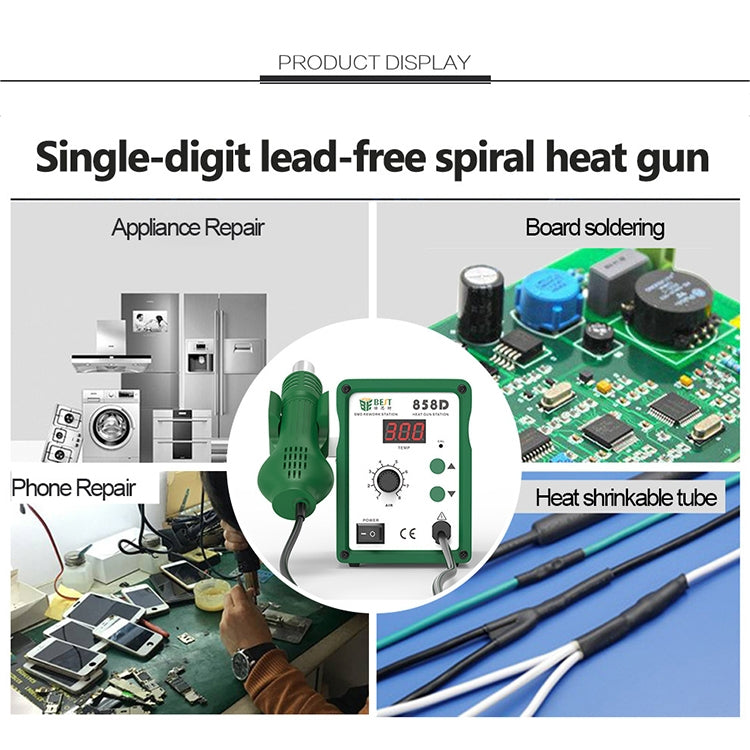 BEST BST-858D+ AC 220V 50Hz 650W LED Displayer Adjustable Temperature Unleaded Hot Air Gun with Helical Wind, BST-858D+ US Plug, BST-858D+  EU Plug