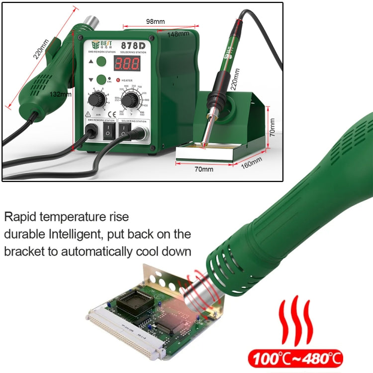BEST BST-878D 2 in 1 Adjustable Temperature Hot Air Gun with Electric Soldering Iron Rework Station, US Plug(Green)