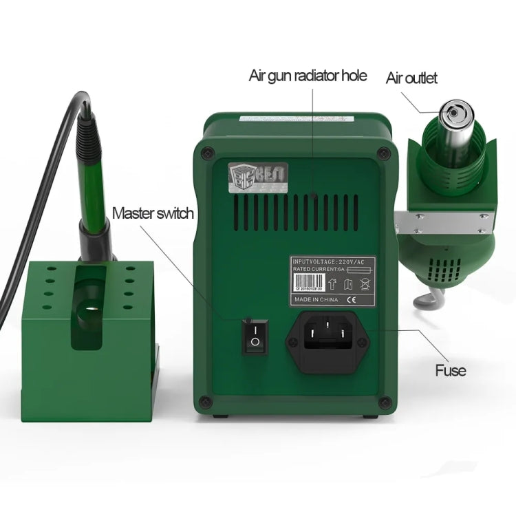 BEST BST-878D 2 in 1 Adjustable Temperature Hot Air Gun with Electric Soldering Iron Rework Station, US Plug(Green)