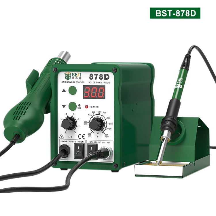 BEST BST-878D 2 in 1 Adjustable Temperature Hot Air Gun with Electric Soldering Iron Rework Station, EU Plug(Green)