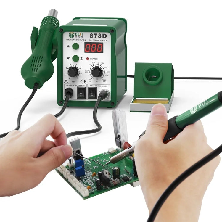 BEST BST-878D 2 in 1 Adjustable Temperature Hot Air Gun with Electric Soldering Iron Rework Station, EU Plug(Green)