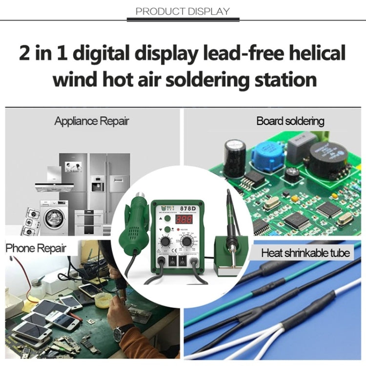 BEST BST-878D 2 in 1 Adjustable Temperature Hot Air Gun with Electric Soldering Iron Rework Station, EU Plug(Green)