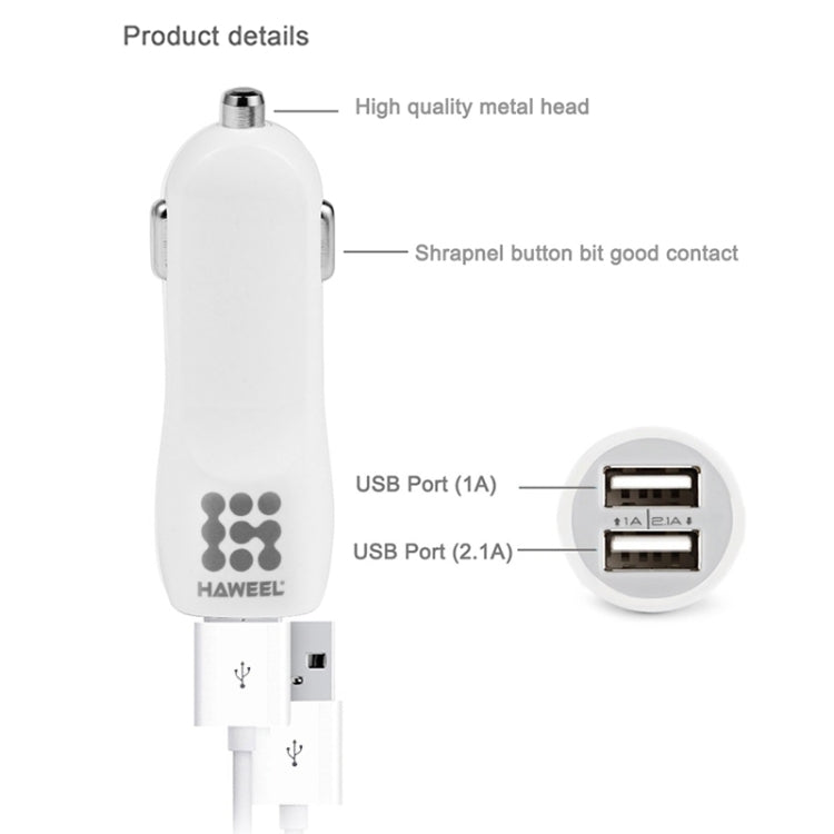 HAWEEL High Quality 2.1A + 1A Dual USB Ports Car Charger, HK Black