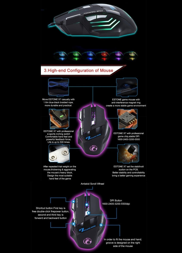 7 Buttons with Scroll Wheel 5000 DPI LED Wired Optical Gaming Mouse for Computer PC Laptop, X7 7 Buttons (Black)