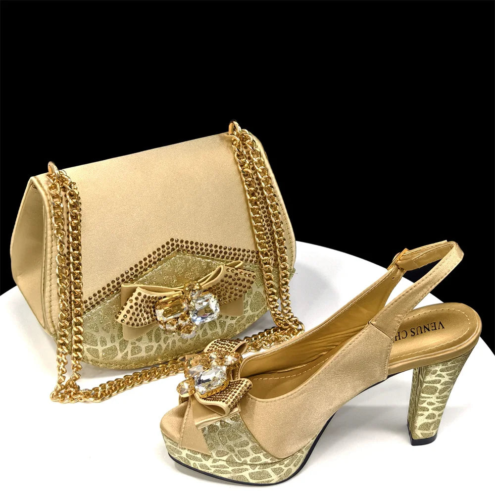 Nigerian Women Heel Party Shoes and Bag Set Royal Blue Colour Rhinestone Handbag Italian Design Wedding INS 2024