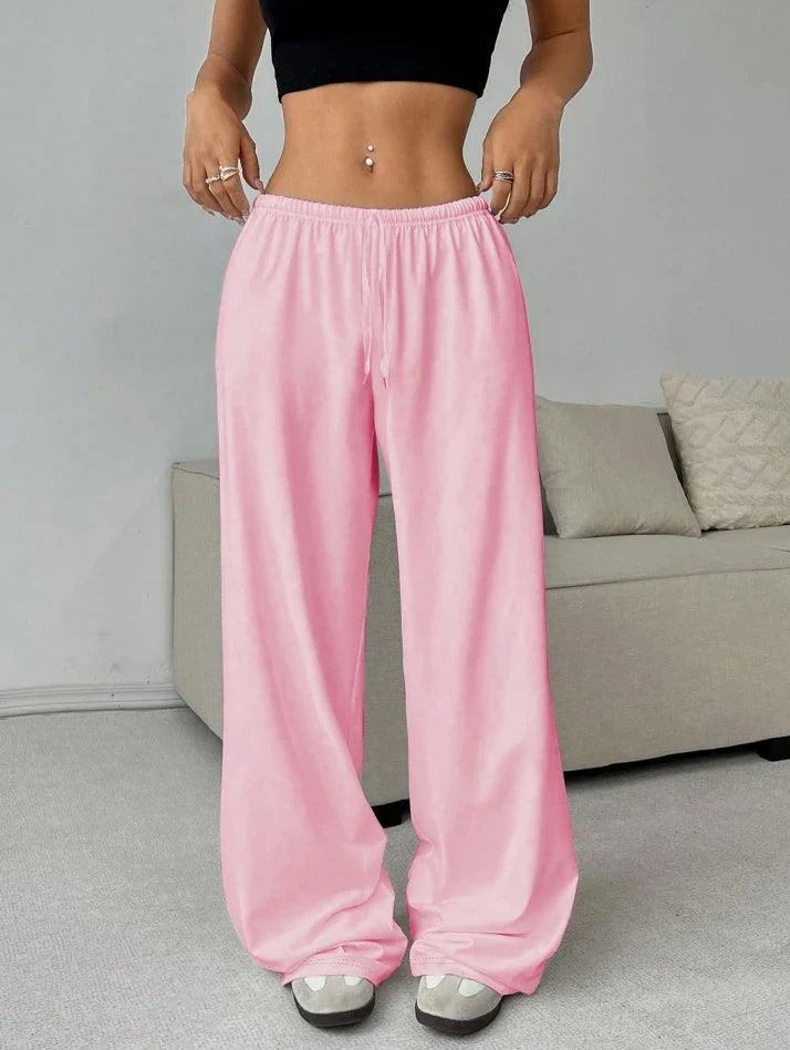 Women Casual Straight Leg Loose Solid Color Elastic Drawstring High Waisted Wide Leg Pants