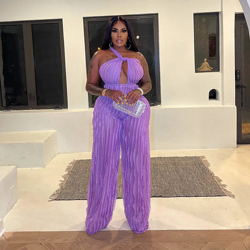 CM.YAYA Fashion Women Wave Ruffles Halter Deep V-neck Backless Sleeveless Wide Leg Jumpsuit 2023 Sexy Party Club Romper Playsuit