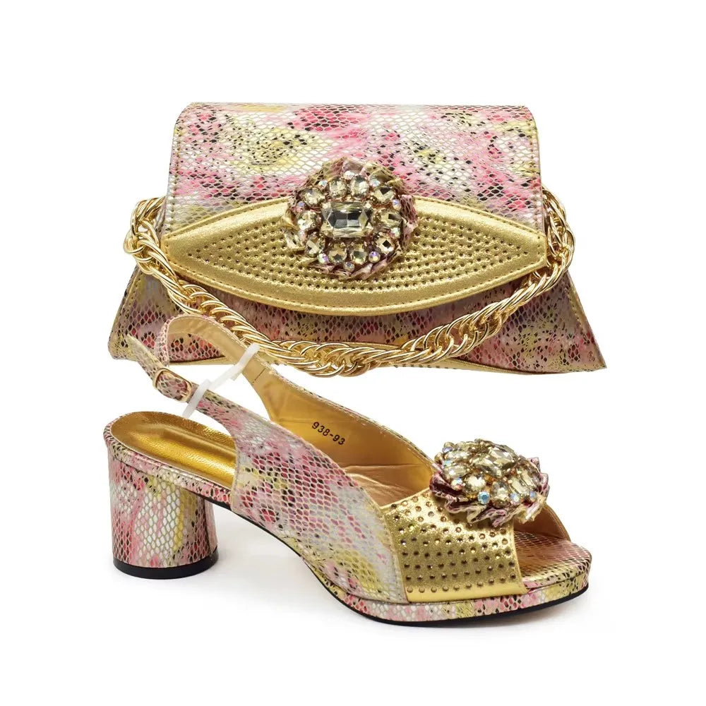 Italian Shoes and Bags Matching Set Decorated with Rhinestone