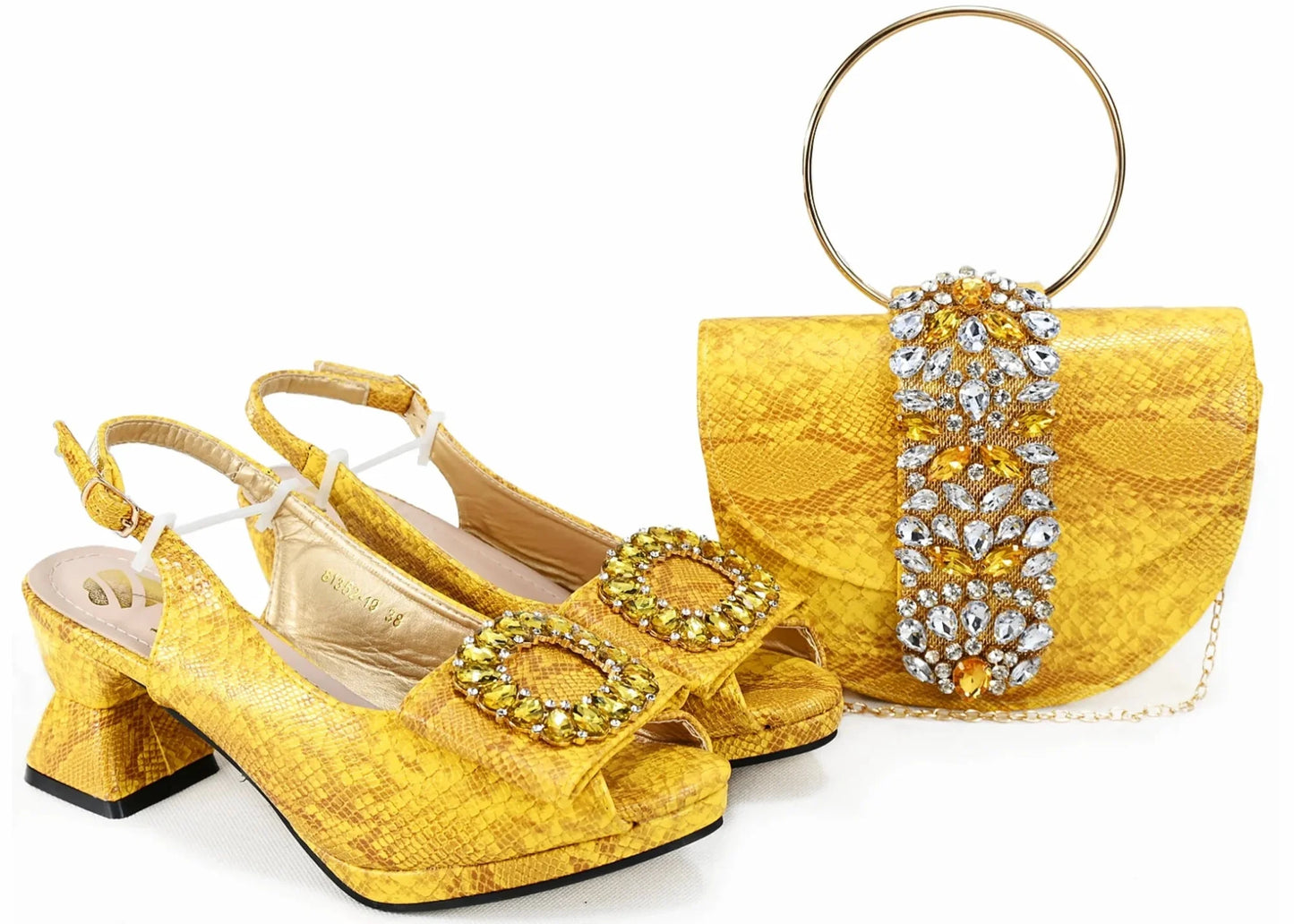 2025 Autumn New Design Specials Italian Women Shoes and Bag Set Comfortable Mid Heels With Rhinestone in Yellow Color