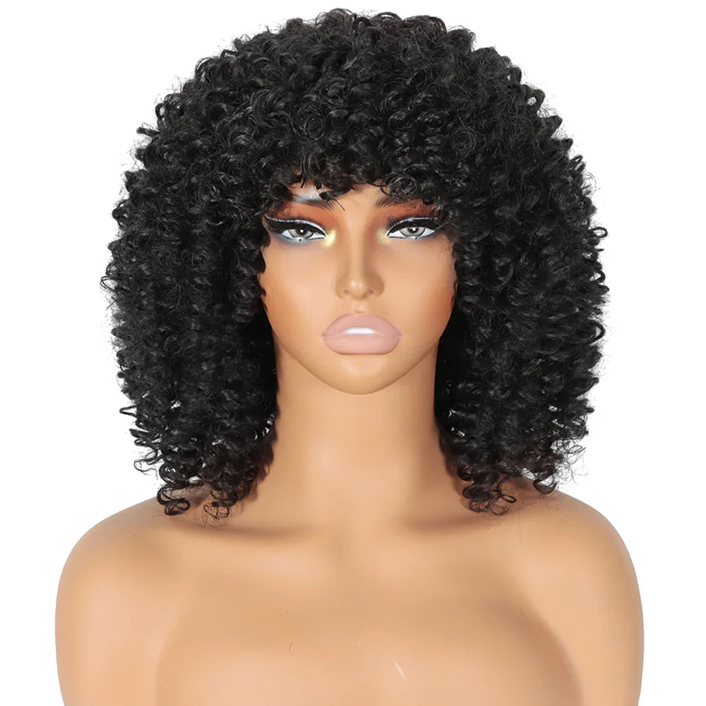 Blonde Curly Wigs for Women Short Afro Kinky Curly Wigs with Bangs Synthetic Heat Resistant Hair Replacement Wig with Wig Caps