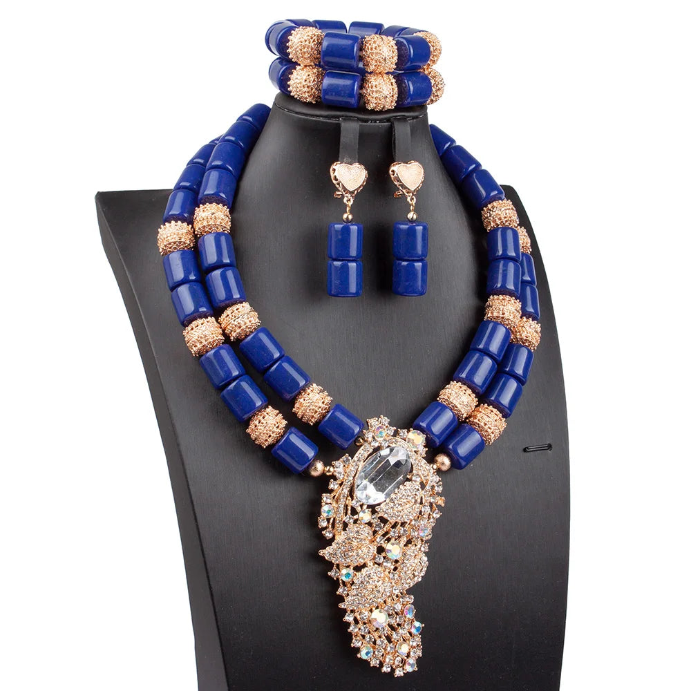 Artificial Coral Women Pendant Necklace Bracelets Earrings Suit African Wedding Jewelry Set Nigeria Bride Accessories Party Gift
