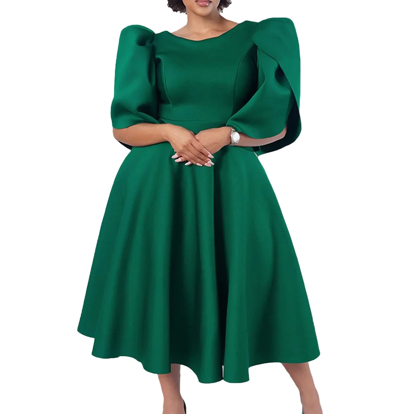 Elegant Dress Woman 2024 Wedding Party Round Neck Half Sleeve High Waisted Pleated Mid Calf Luxury Birthday Dinner Vestidos Robe