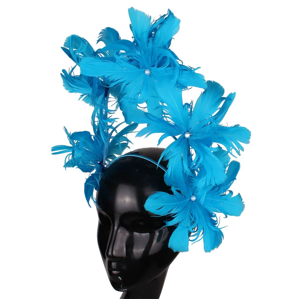 Elegant Women Wedding Hair Fascinator Accessories Headband Bridal Party Show Headwear Fancy Blue Feather Flower Hair Accessories
