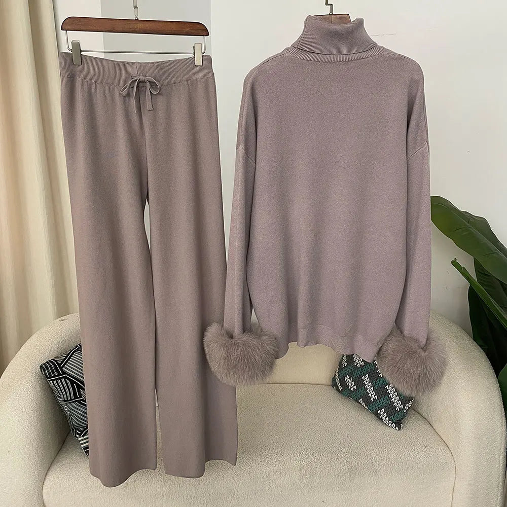 Fashion Autumn Winter Natural Real Fox Fur Cuffs Coat Knitted Sweater Women Long Pants Set Jacket Thick Warm