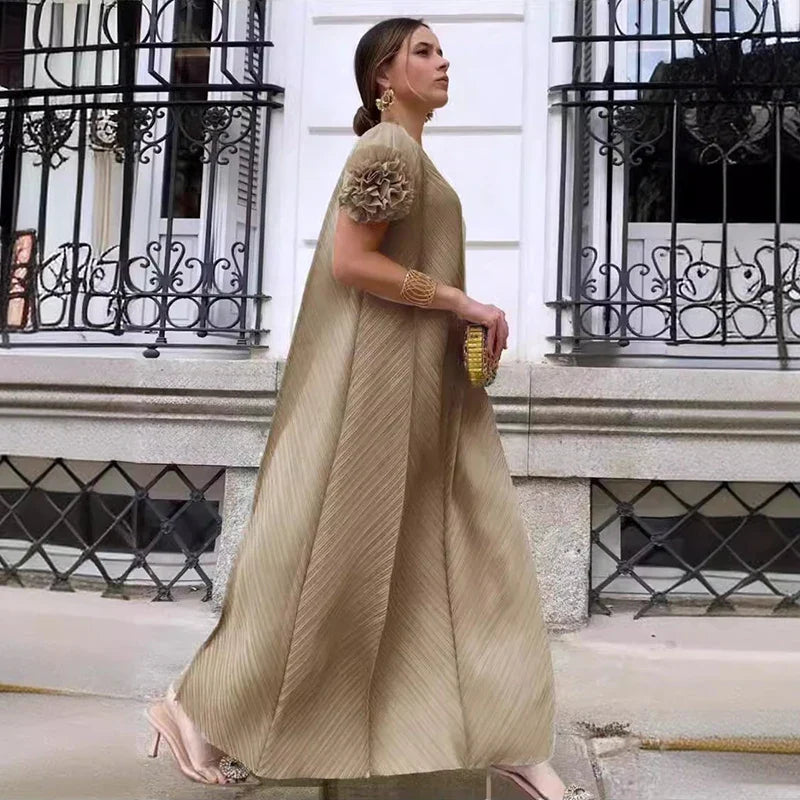Pleated Maxi Long Dress Mesh Petal Sleeve Half Turtleneck Formal Dresses for Women 2024 New Hot Sales