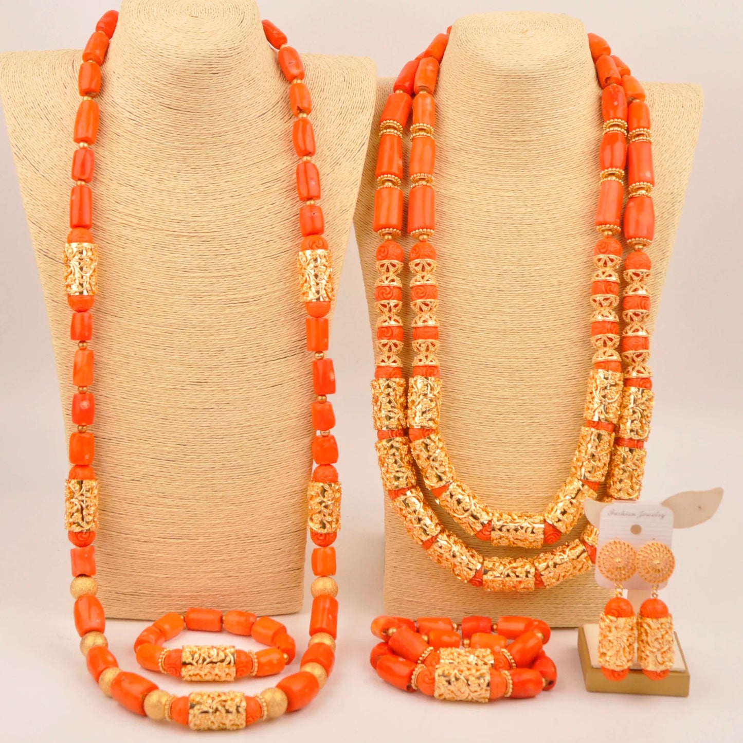 Natural coral beads orange necklace set for stylish Nigerian wedding couple African jewelry