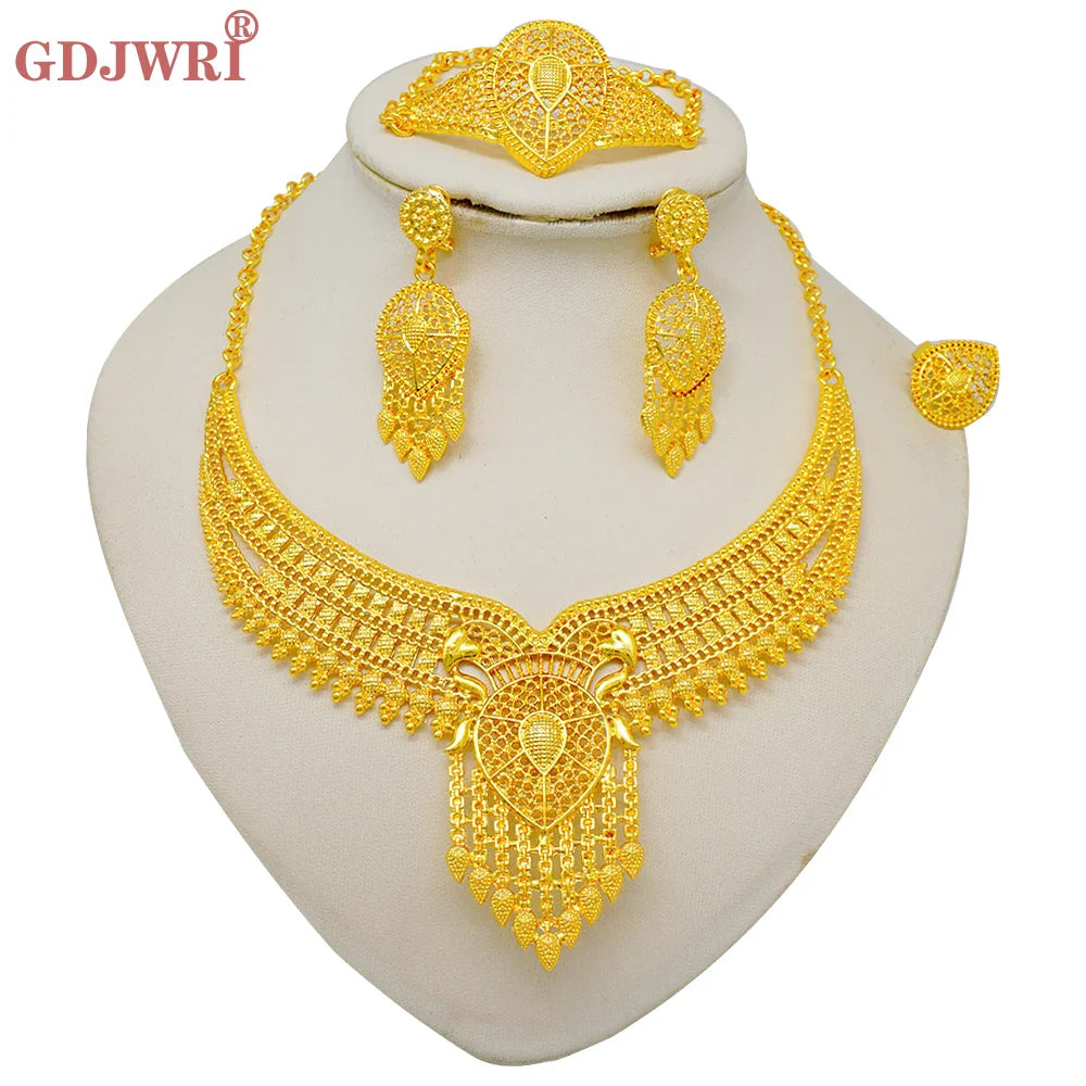 Indian Dubai Gold Color Jewelry Sets For Women Earring & Necklace Nigeria Moroccan Bridal Wedding Party Gifts