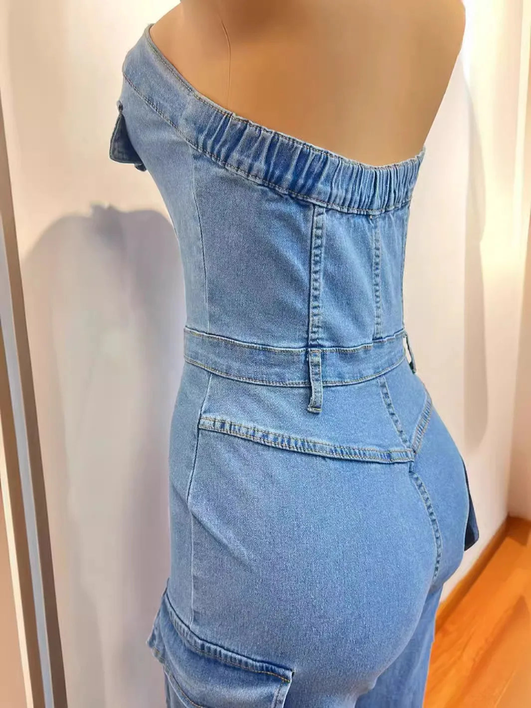 CM.YAYA Women Strapless Sleeveless Wide Leg Jeans Jumpsuits Button Pockets Cargo Street Night Playsuit One Piece Suit Rompers