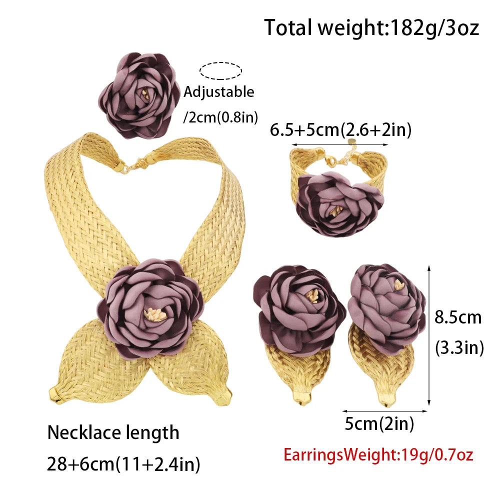 2025 New High Quality African Big Purple Flower Pendant Women Jewelry Set Dubai Gold Plated Luxury Thick Collar Necklace Earring