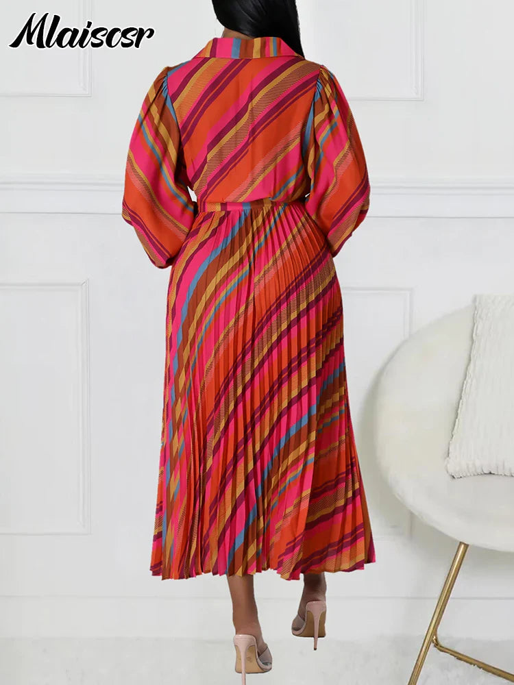 Mlaiscsr Elegant Striped Printed V Neck Long Sleeve High Waisted Pleated Mid Dresses Women Boho Beach Party Evening Vestidos New