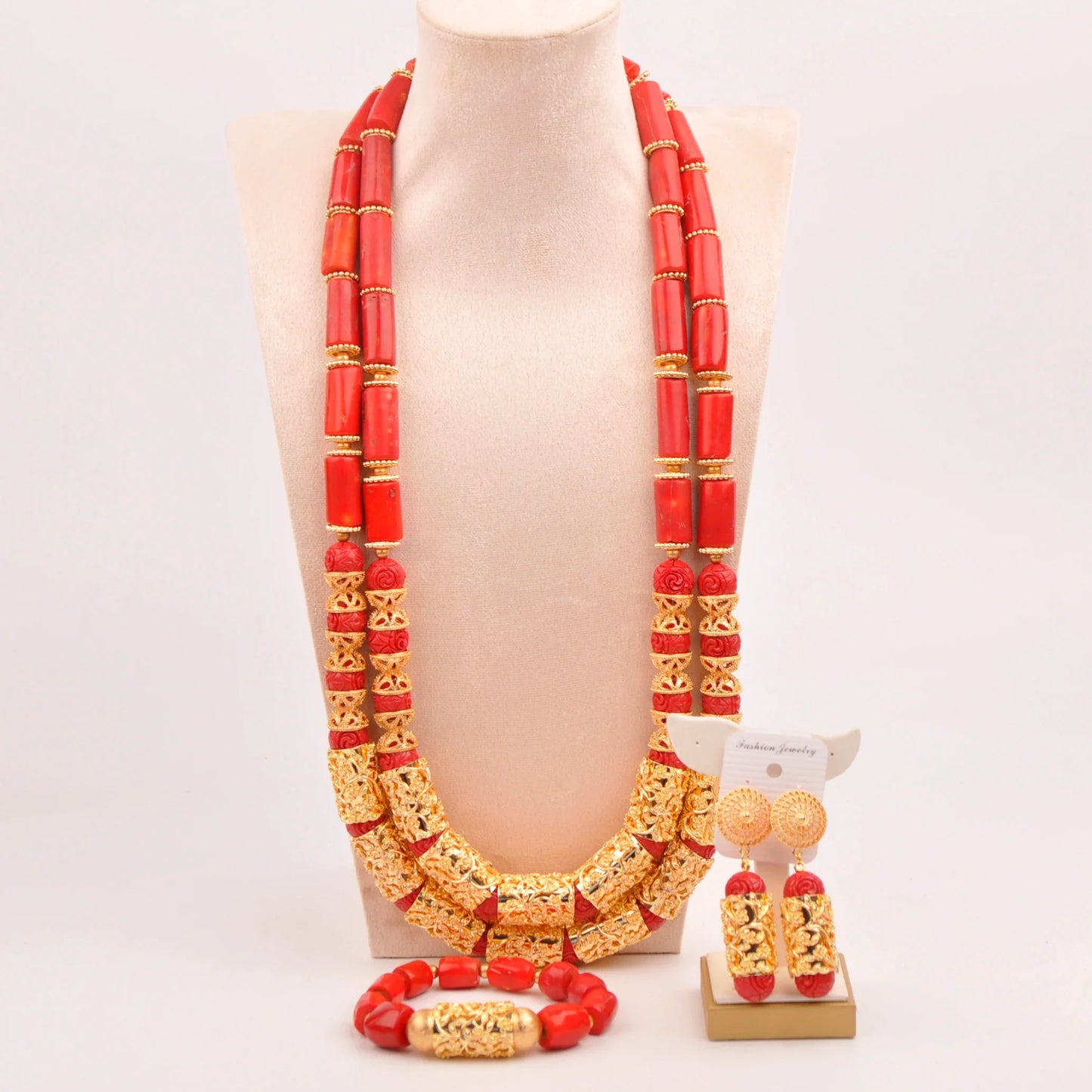 Natural coral beads orange necklace set for stylish Nigerian wedding couple African jewelry