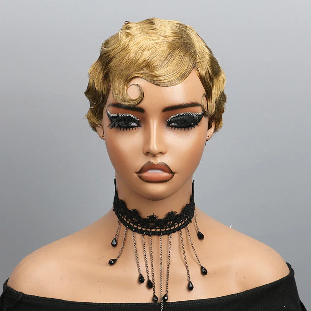 Finger Wave Pixie Human Hair Wigs For Women 180% Density