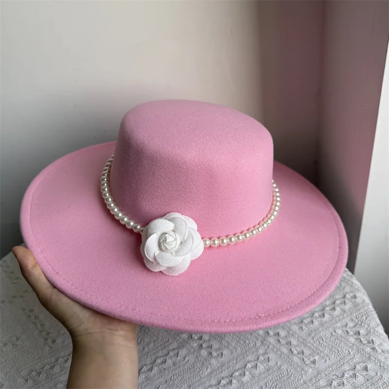 Women's Fashionable Fedora Hat 10CM Wide Brim Flat Top Felt Hats For Wedding And Jazz