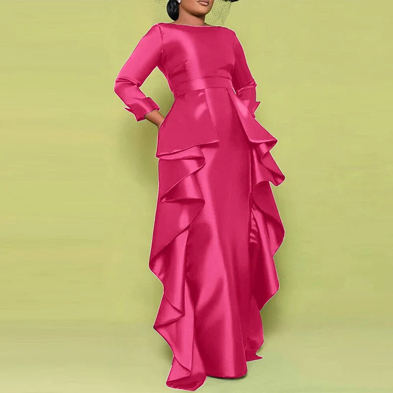Plus Size 5XL Bohemian Maxi Long Dress 2025 VONDA Women Elegant Satin Dress Ruffle Sundress Casual Vestidos Solid Color Robe