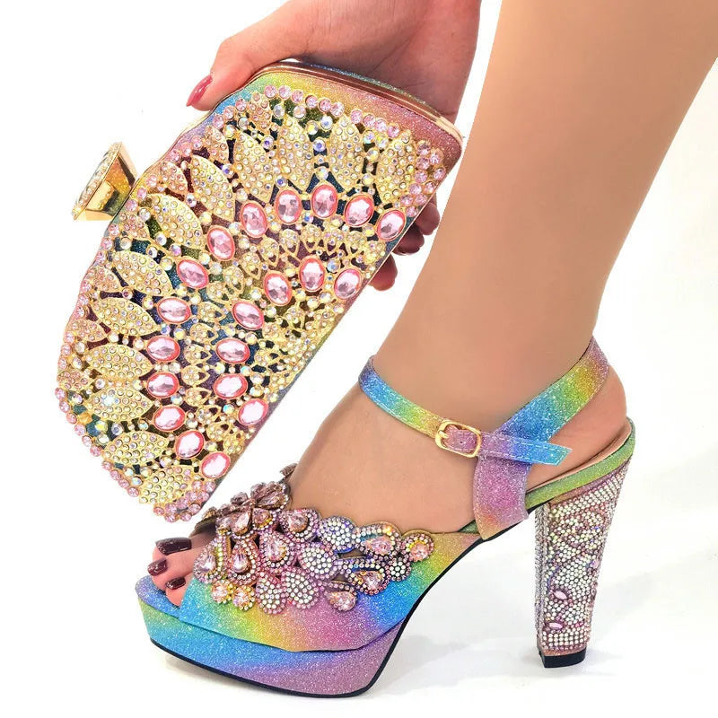 Fashion Gold High Heels Shoes And Purse Bag Set Woman Luxury Sandals Matching With Clutch Handbag Pumps Clutch CR178 11.5cm