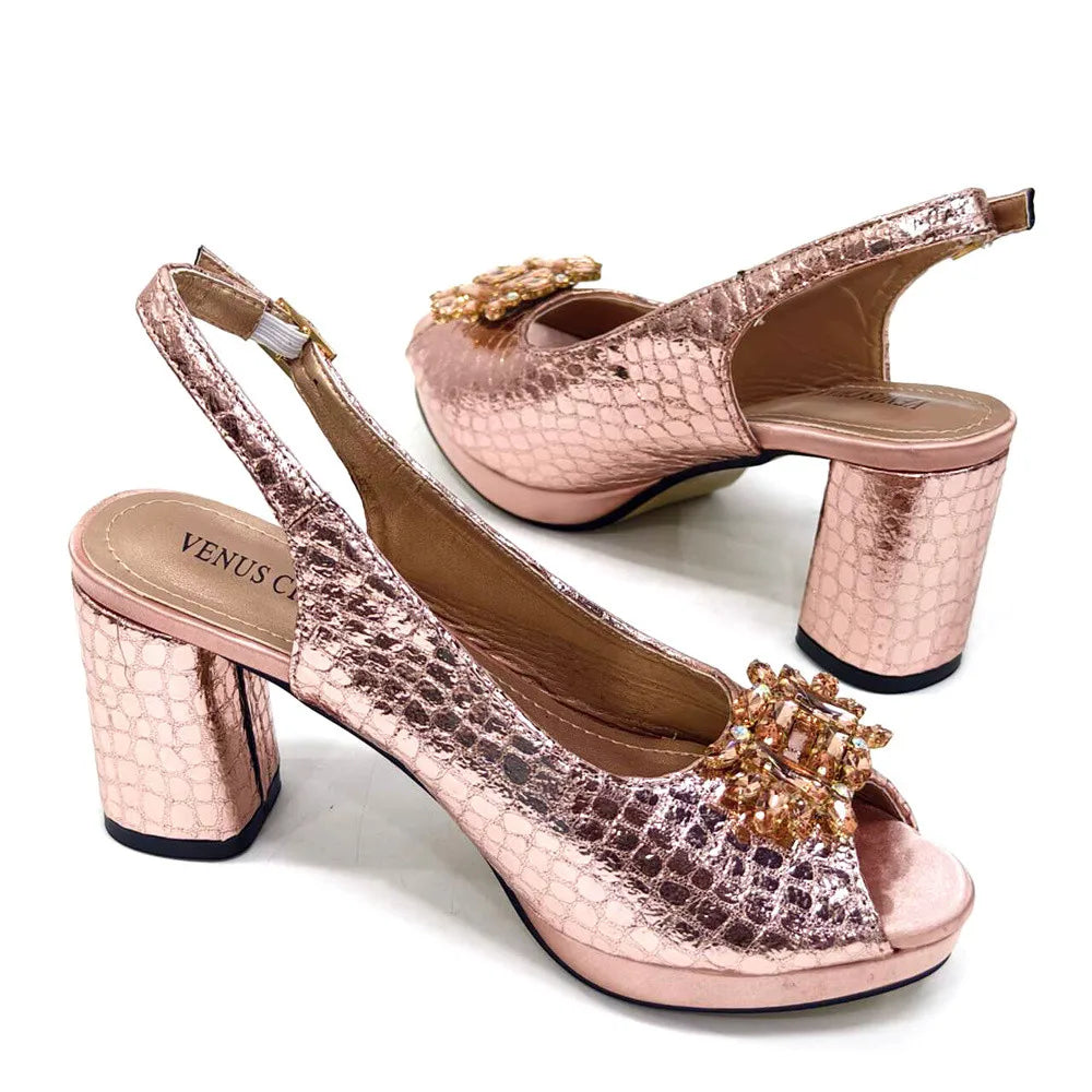 Women's Open Toe Heels Fashionable Rhinestone Decoration Shoe and Bag Set