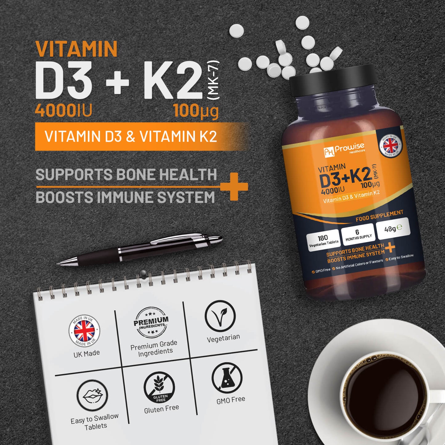 Vitamin D3 4000IU & K2 MK7 100μg Vegetarian 180 Tablets Supplement for Immune Support Calcium Boost, Bone & Muscle by Prowise