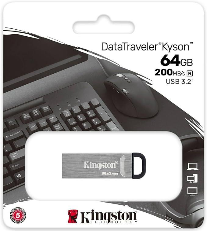 Kingston DataTraveler Kyson USB 3.2 Gen 1 Flash Drive 64GB - Stylish Capless Metal Case