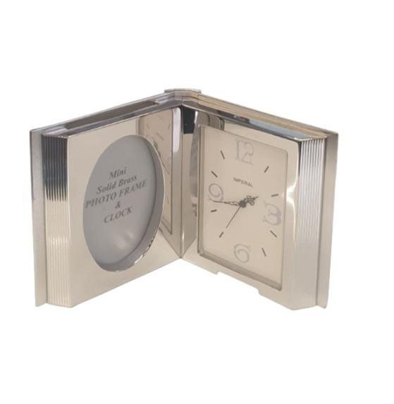 Miniature Clock Silvertone Plated Photo Frame & Clock Solid Brass IMP100S - CLEARANCE NEEDS RE-BATTERY