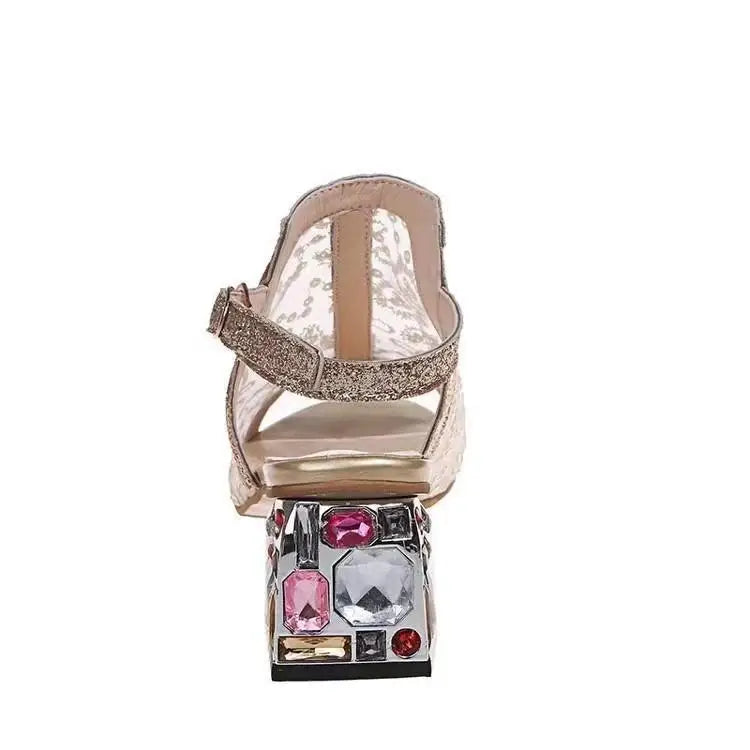 2023 New Women Summer Fashion Mid Heels Peep Toe Shoes for Women Glitter Sandals Ladies Buckle Strap Bling  Rhinestone Sandals