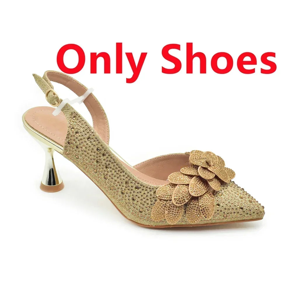 Luxury Italian Shoes and Bag Set for Women Wedding Pointed Toe Women's Pumps High Heel Rhinestones Party Ladies Shoe and Bag Set