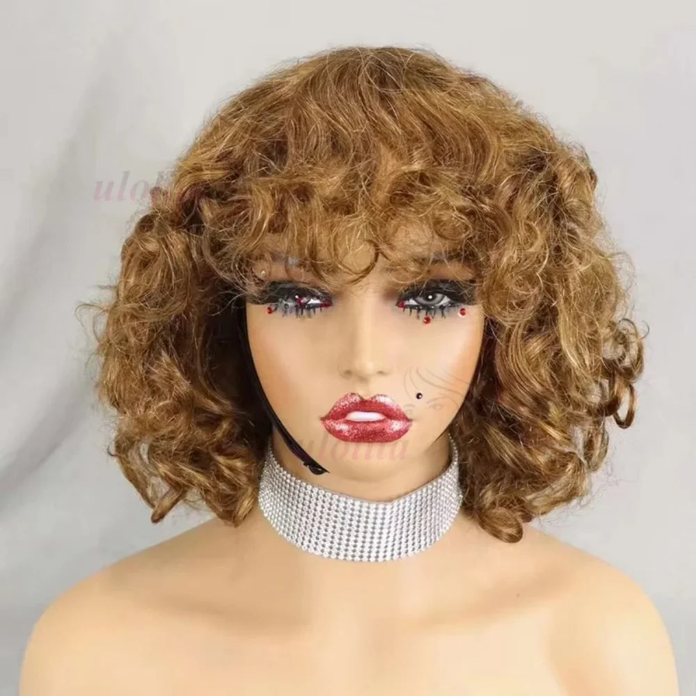 99J burgundy Fumi Curly Bob Wig Bouncy Pixie Cut Wig Highlight Full Machine Egg Curls Curly Human Hair Wigs for Women With Bangs