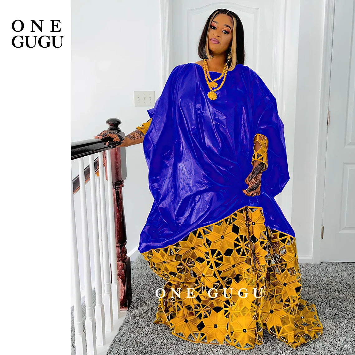 Gold and White African Bazin Rich Dress Robe For Noble Lady Wedding Party Gown White Nigerian Dashiki Robe Long Sleeves Dresses
