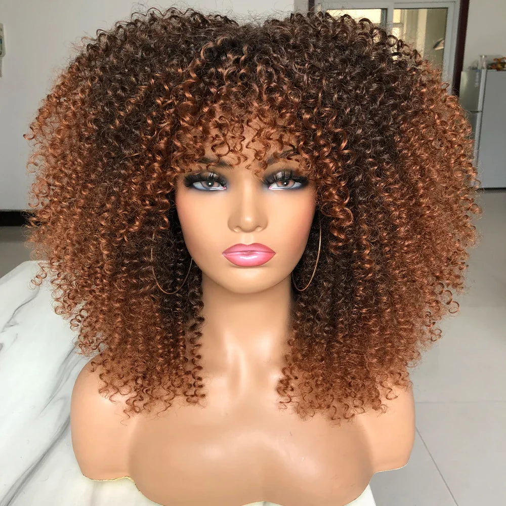 Curly Afro Wigs for Black Women Short Curly Wig with Bangs Kinky Curls Curly Hair Synthetic Wigs for African American Women