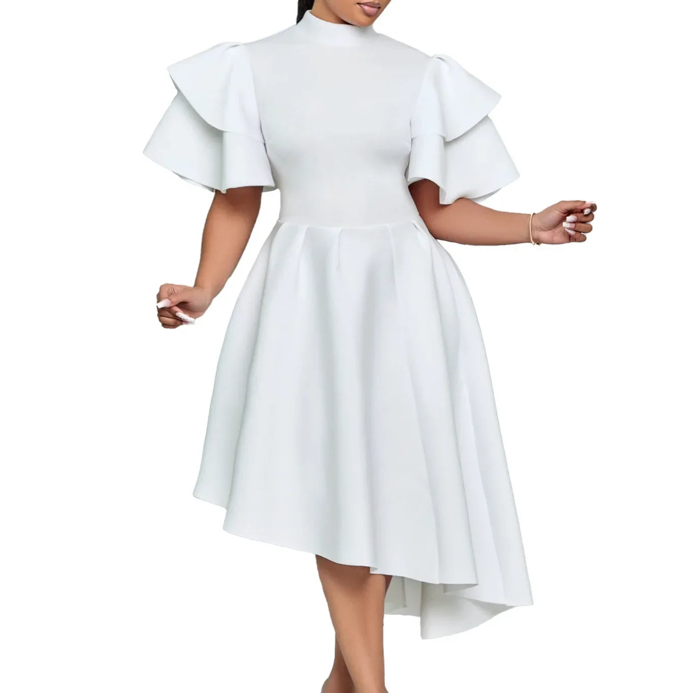 Elegant Party Dresses for Woman 2024 New O Neck Ruffles Sleeve High Waisted Asymmetric Mid Calf Luxury Birthday Dinner Vestidos