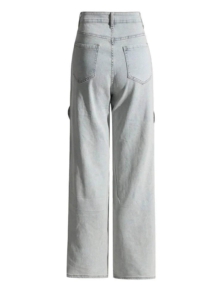 Women's Crisscross Streetwear Denim Trousers With High Waist Patchwork