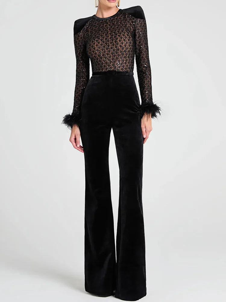2025 Sashes Patchwork Fashion Jumpsuits, Women Spring Autumn Hollow Out Chic Playsuits, New Long Sleeve Simple Ladies Bodysuits