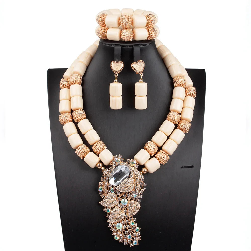 Artificial Coral Women Pendant Necklace Bracelets Earrings Suit African Wedding Jewelry Set Nigeria Bride Accessories Party Gift