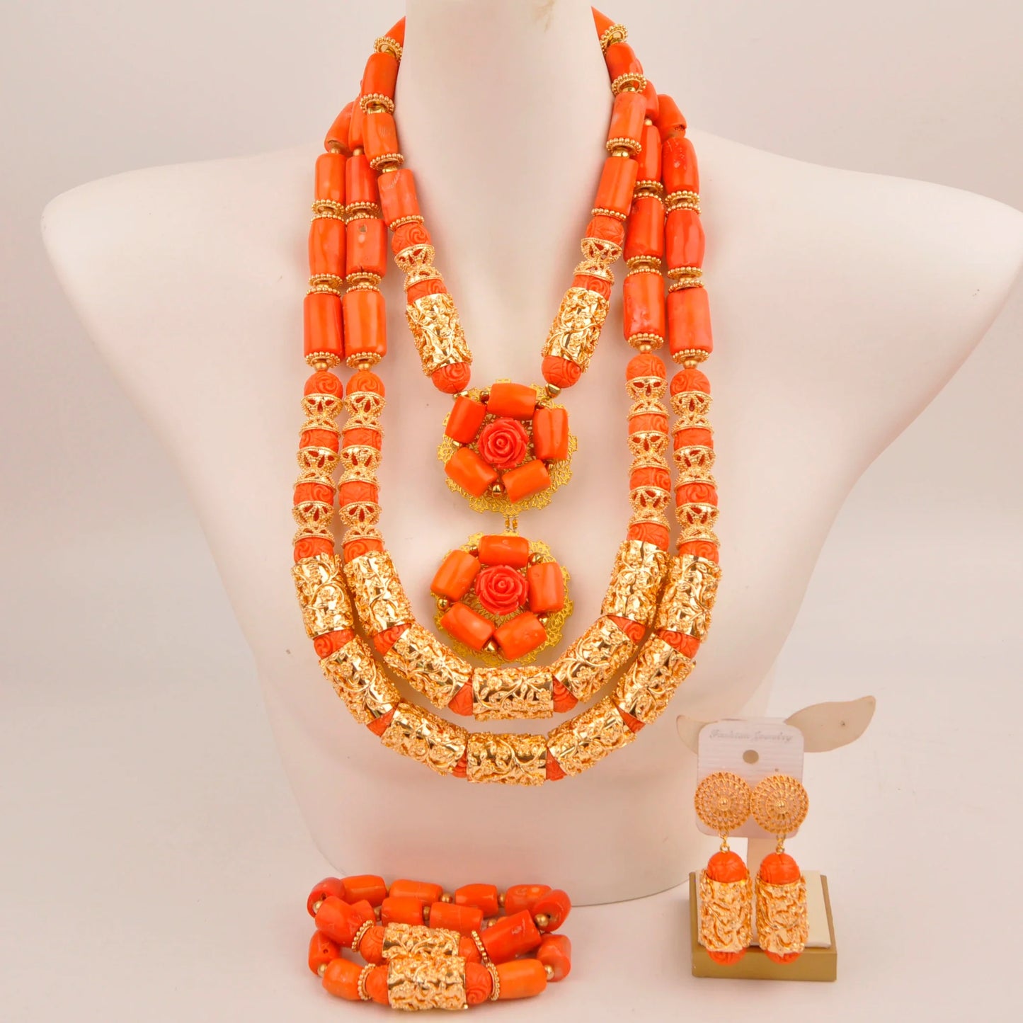 Natural coral beads orange necklace set for stylish Nigerian wedding couple African jewelry