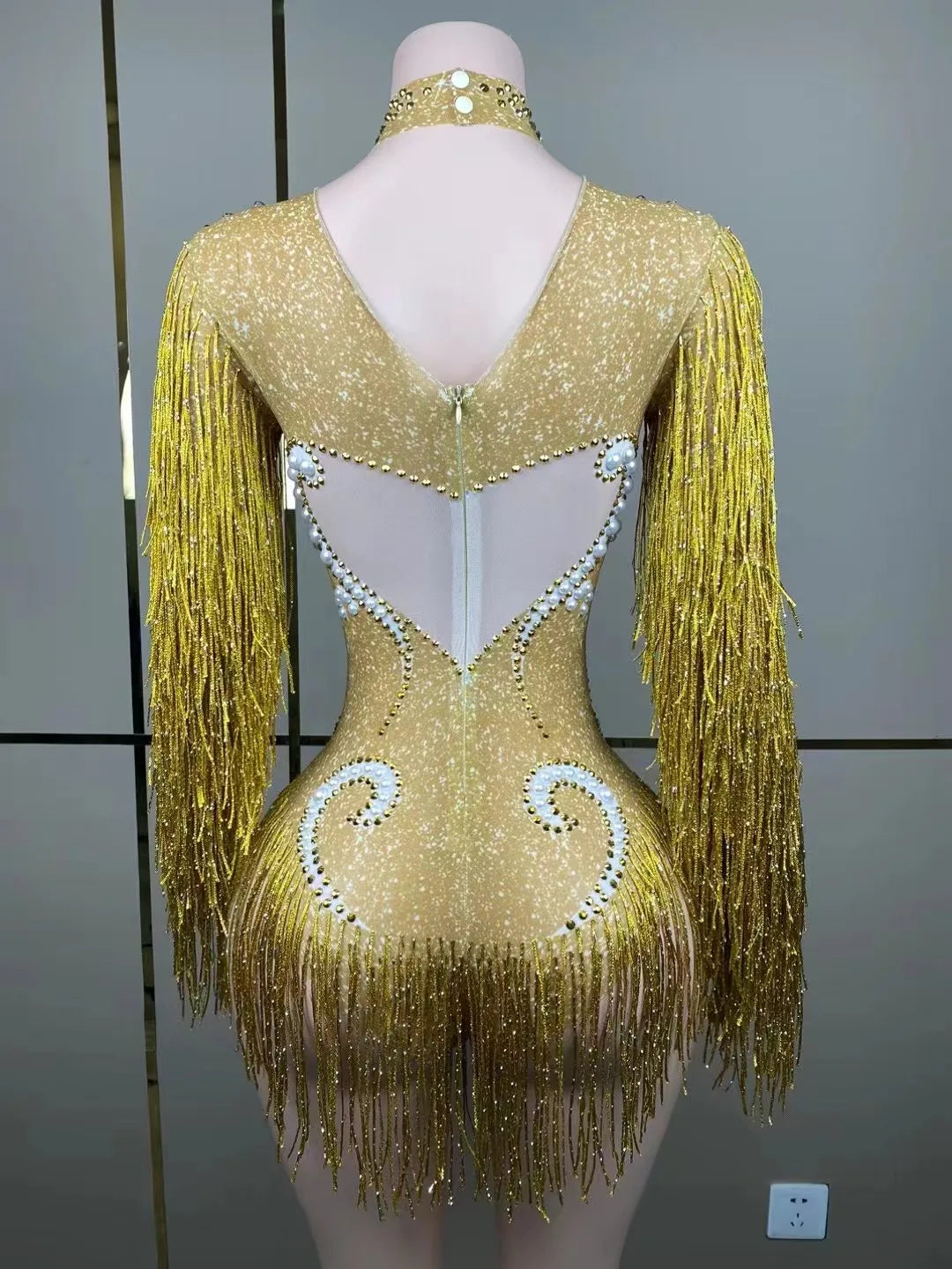 Stage Latin dance cha-cha dance practice suit stretch slim skirt fringe flash small diamond pearl design suit