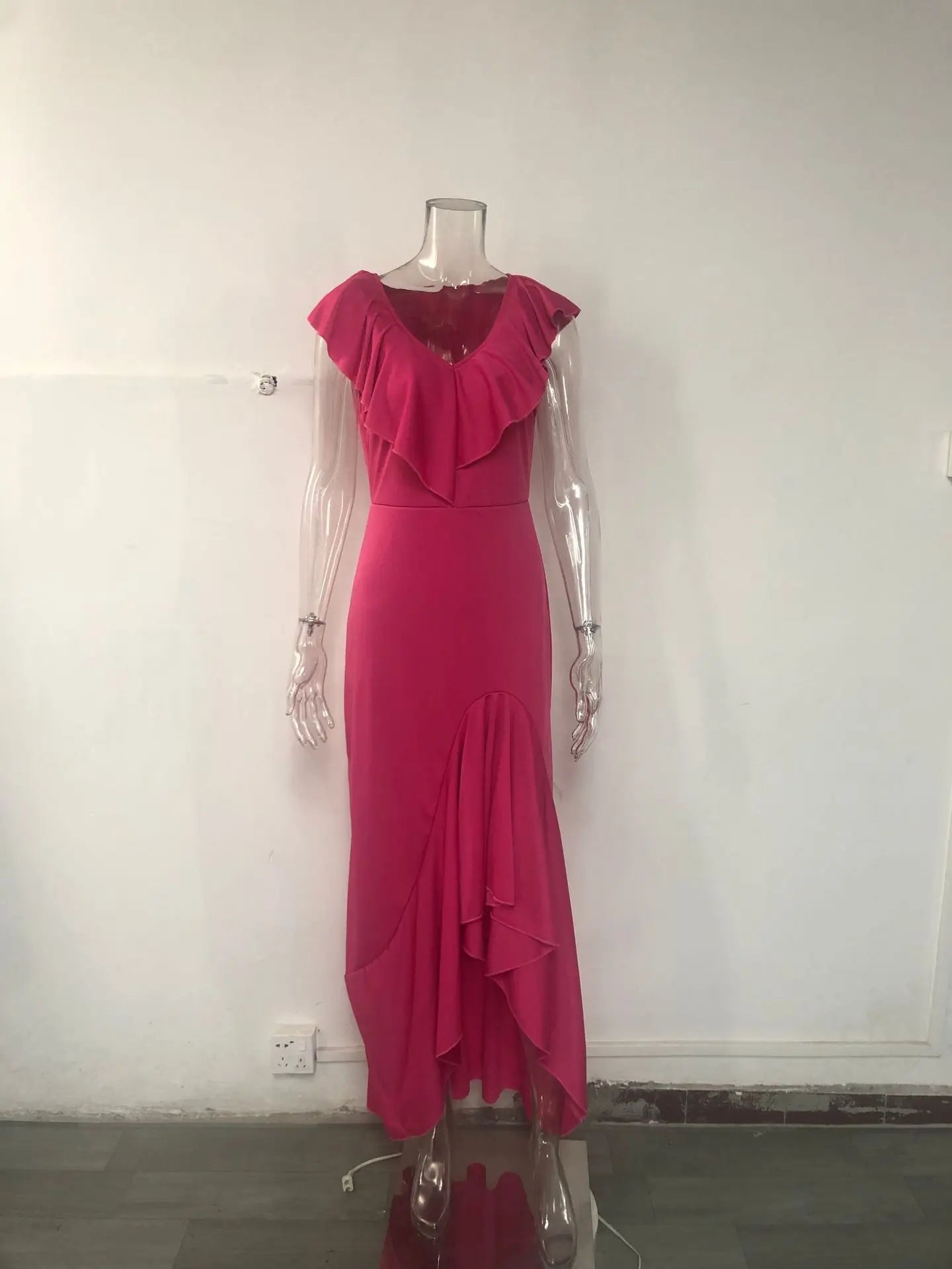 2023 Sexy V Neck Ruffles Party Dress Femme Elegant Summer Fashion Solid Sleeveless Slim Irregular Maxi Dresses For Women Robe
