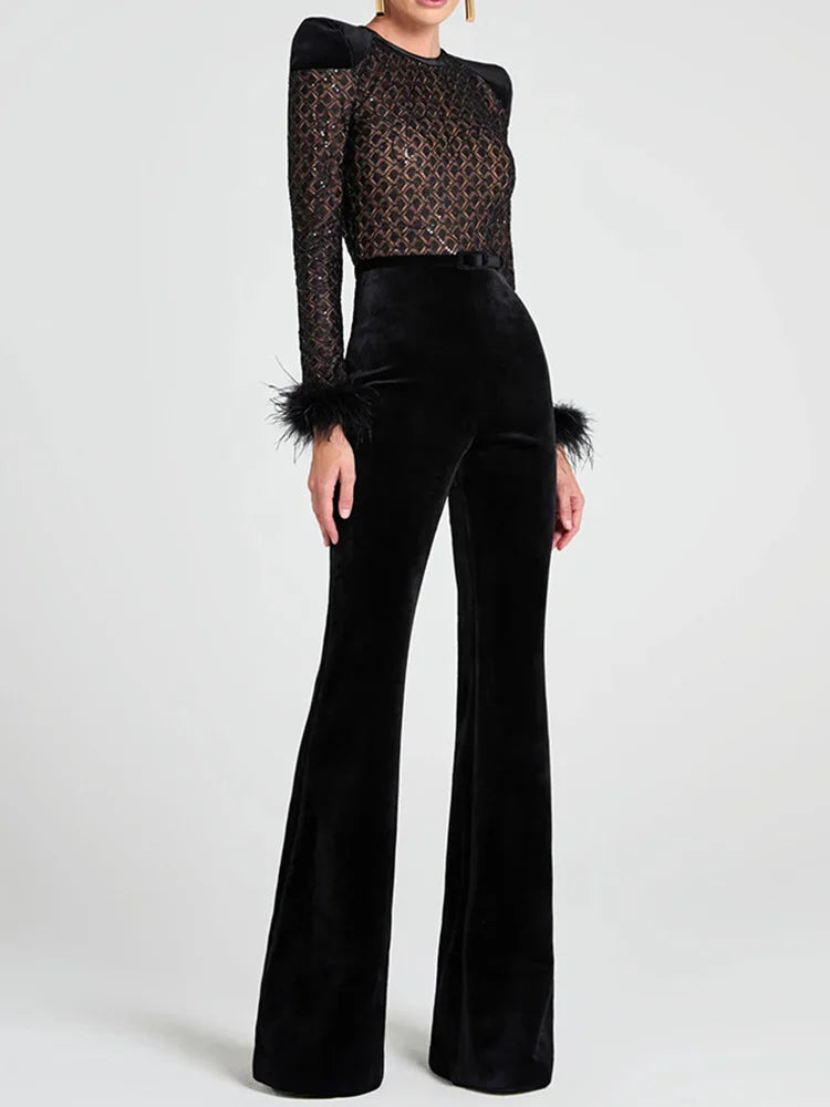 2025 Sashes Patchwork Fashion Jumpsuits, Women Spring Autumn Hollow Out Chic Playsuits, New Long Sleeve Simple Ladies Bodysuits