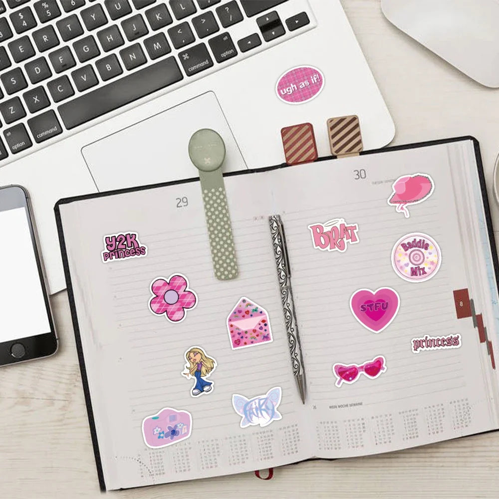 Cute Pink Y2K Aesthetic Stickers Pack - Kawaii Vinyl Decals for Laptop, Water Bottle, Phone Case & Skateboard (10/30/60 Pcs)